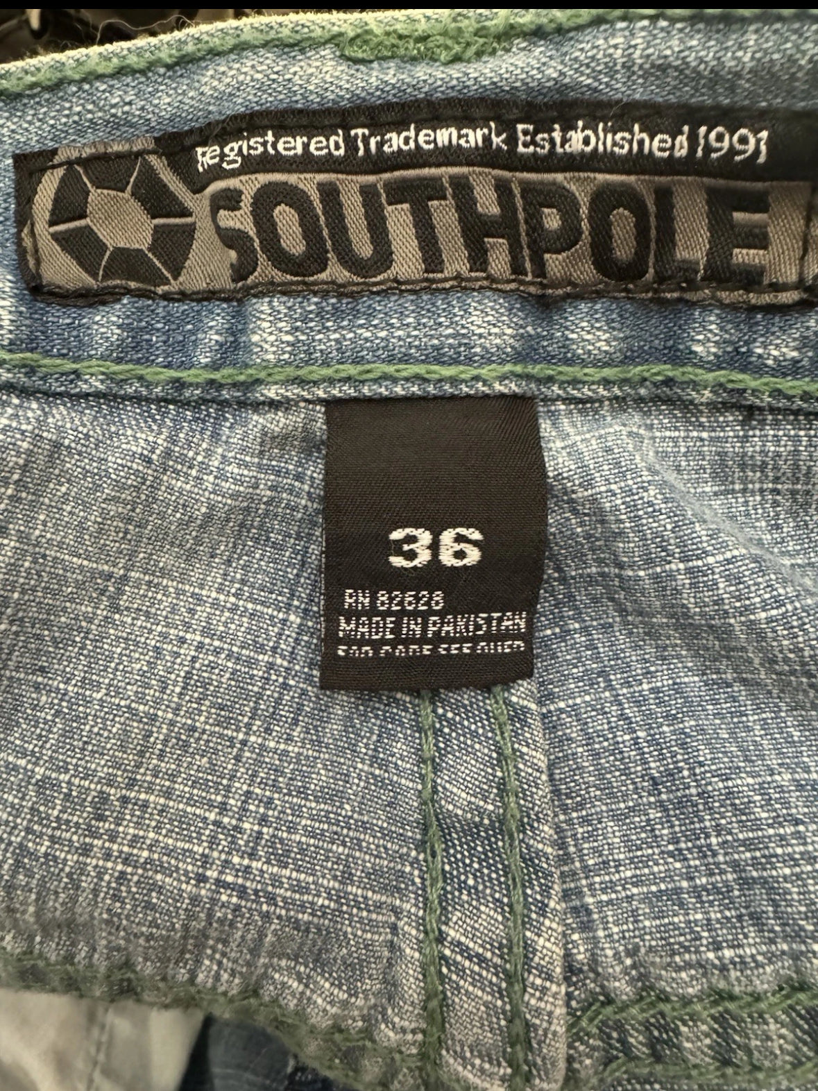 NWT VTG Southpole Men’s Relaxed Denim Shorts Green 36 Green Belt Embroidered