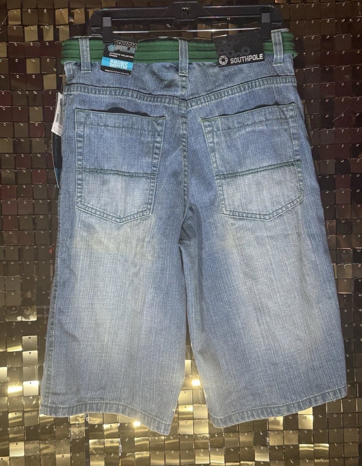 NWT VTG Southpole Men’s Relaxed Denim Shorts Green 36 Green Belt Embroidered