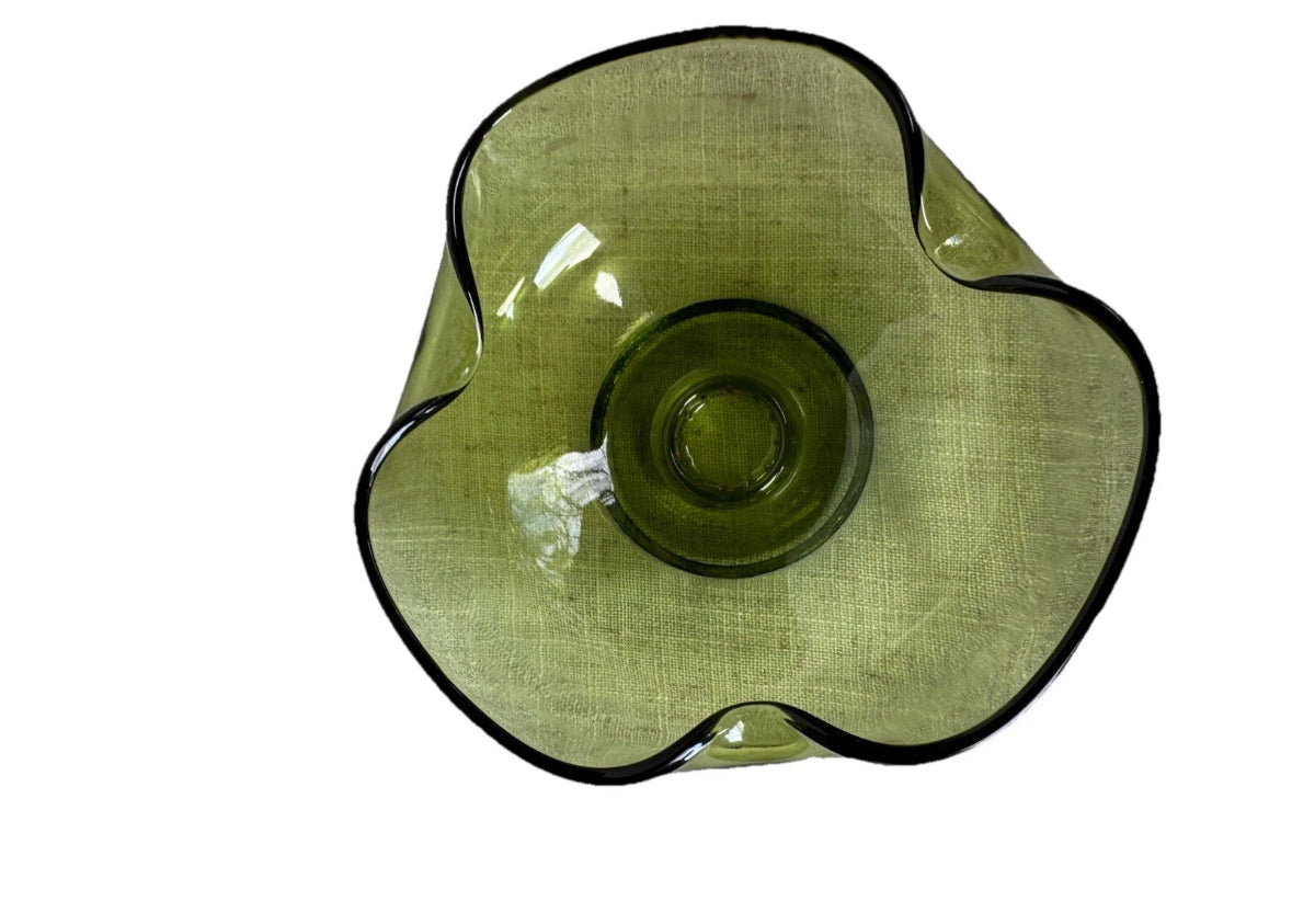 VTG PAIR ANCHOR HOCKING AVOCADO GREEN GLASS TRI FOLD TAPER CANDLE STICK HOLDERS