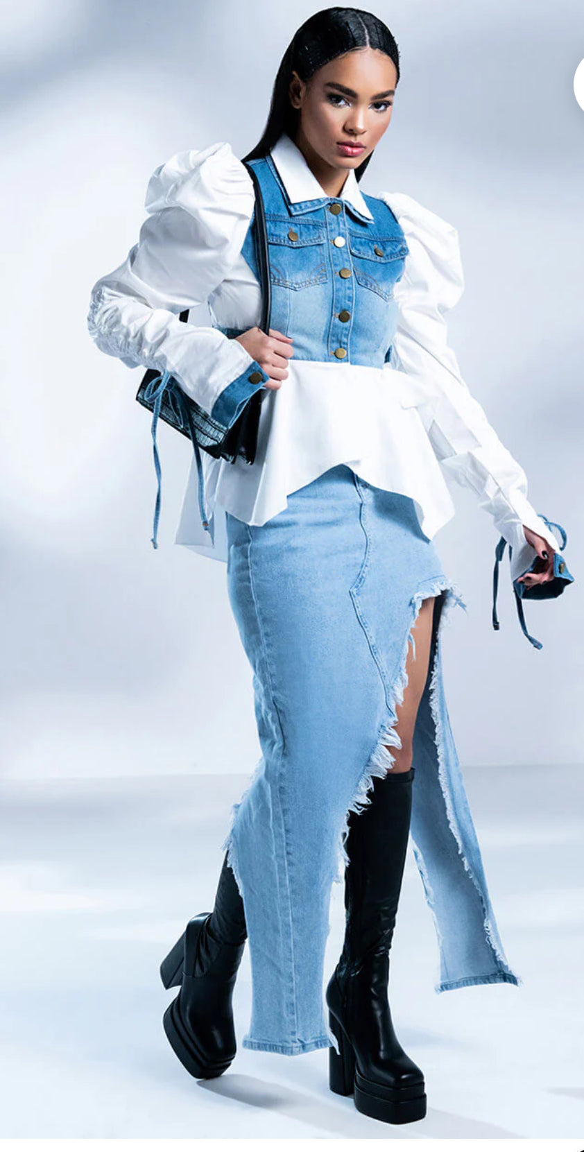 AKIRA HER DENIM TOP WITH SATIN CONTRAST SIZE M BEAUTIFUL BLOUSE TOP