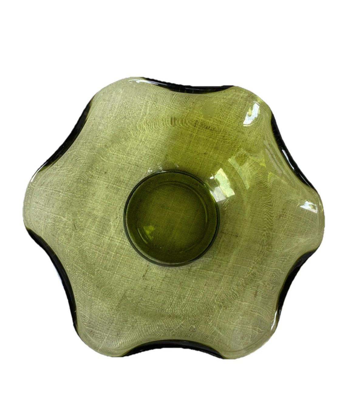 VTG PAIR ANCHOR HOCKING AVOCADO GREEN GLASS TRI FOLD TAPER CANDLE STICK HOLDERS