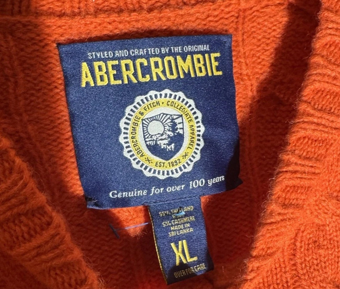 VTG Abercrombie & Fitch Shetland Wool Knit Sweater XL Orange V-Neck Pullover