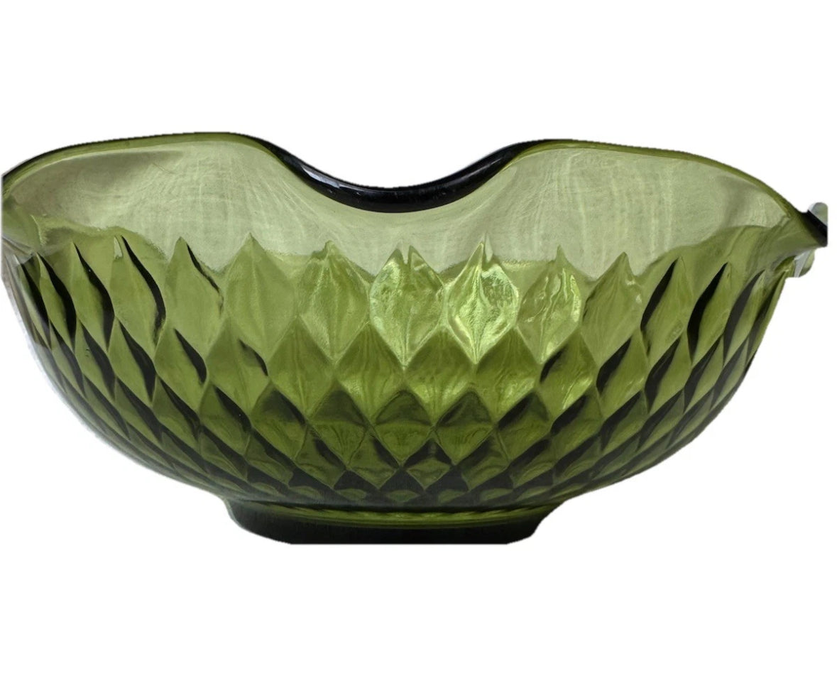 Vintage Indiana Avocado Green Glass Salad Bowl with ruffle edge