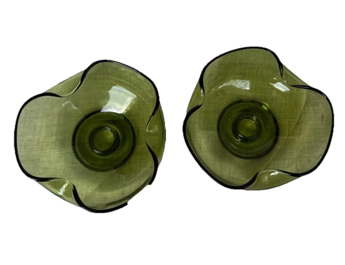 VTG PAIR ANCHOR HOCKING AVOCADO GREEN GLASS TRI FOLD TAPER CANDLE STICK HOLDERS