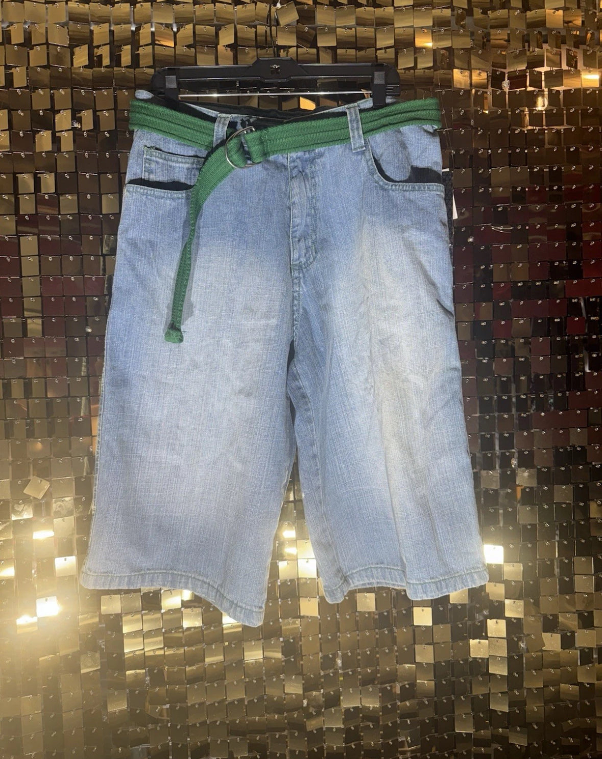 NWT VTG Southpole Men’s Relaxed Denim Shorts Green 36 Green Belt Embroidered