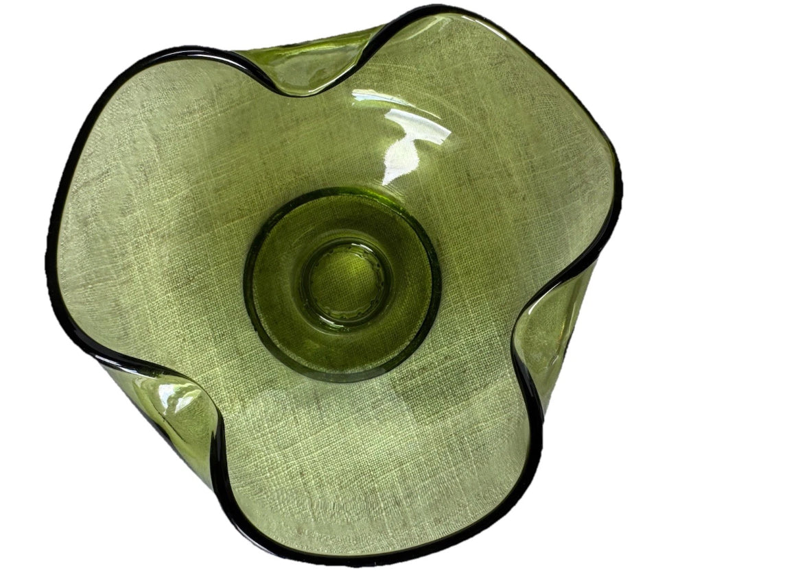 VTG PAIR ANCHOR HOCKING AVOCADO GREEN GLASS TRI FOLD TAPER CANDLE STICK HOLDERS