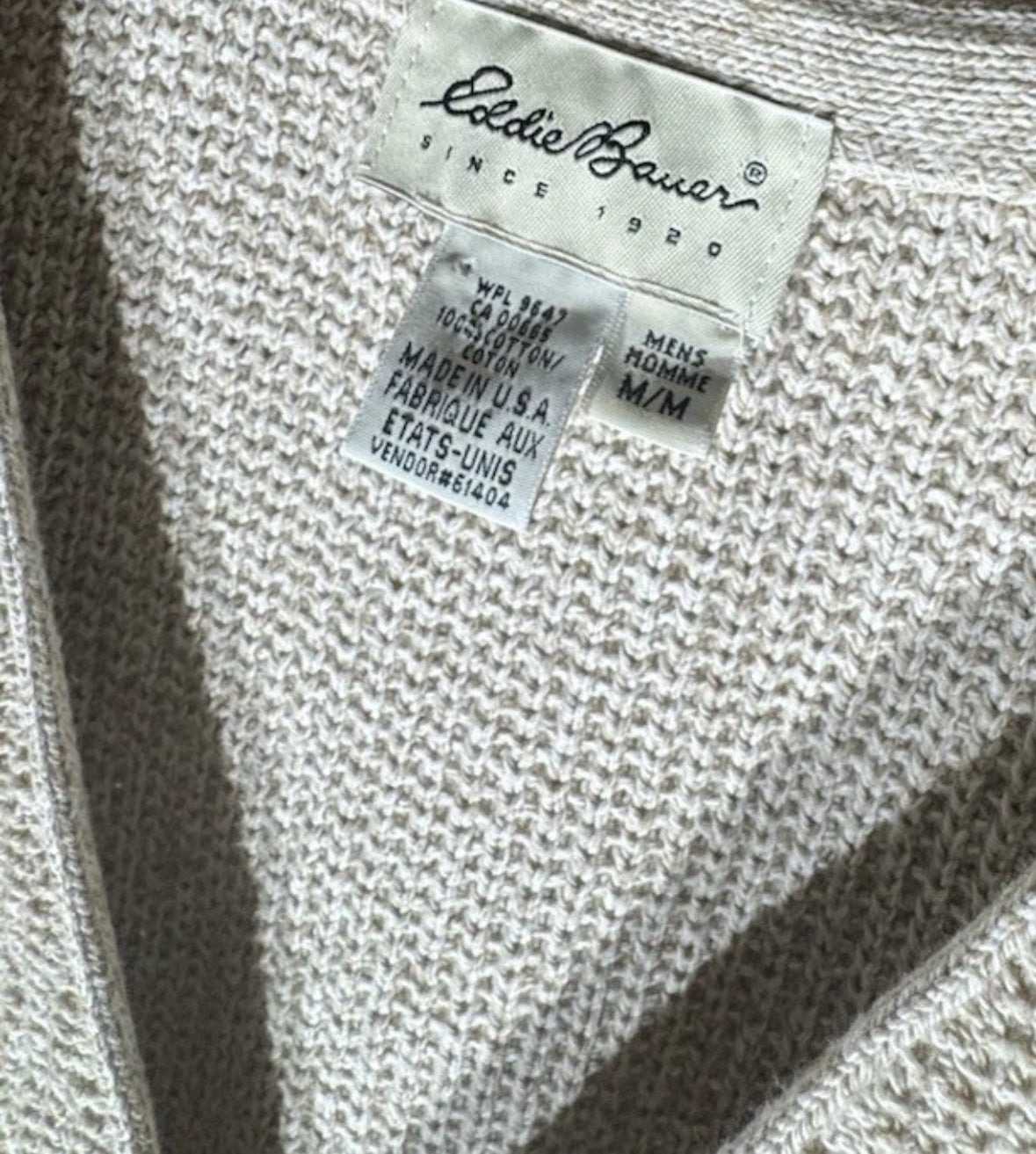 Vtg 90s Eddie Bauer Sweater Vest Cardigan Beige Chunky Knit Made in USA Mens M