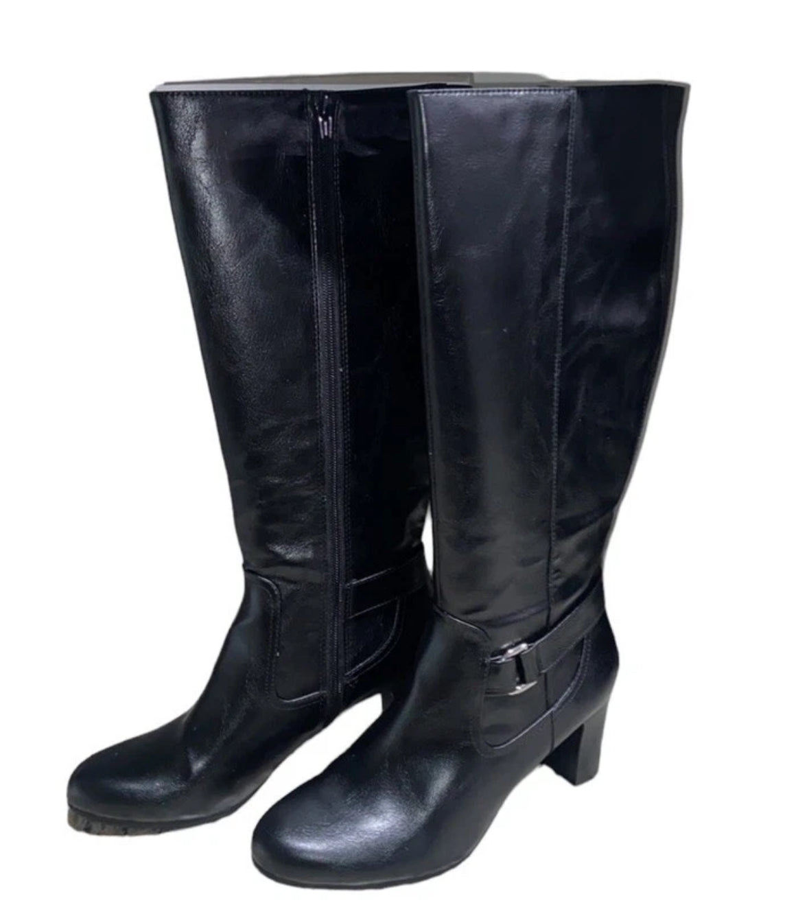 Y2K LIFE STRIDE MARTA Womens Black Leather Zipper Tall Boots Block Heel SZ 8 M
