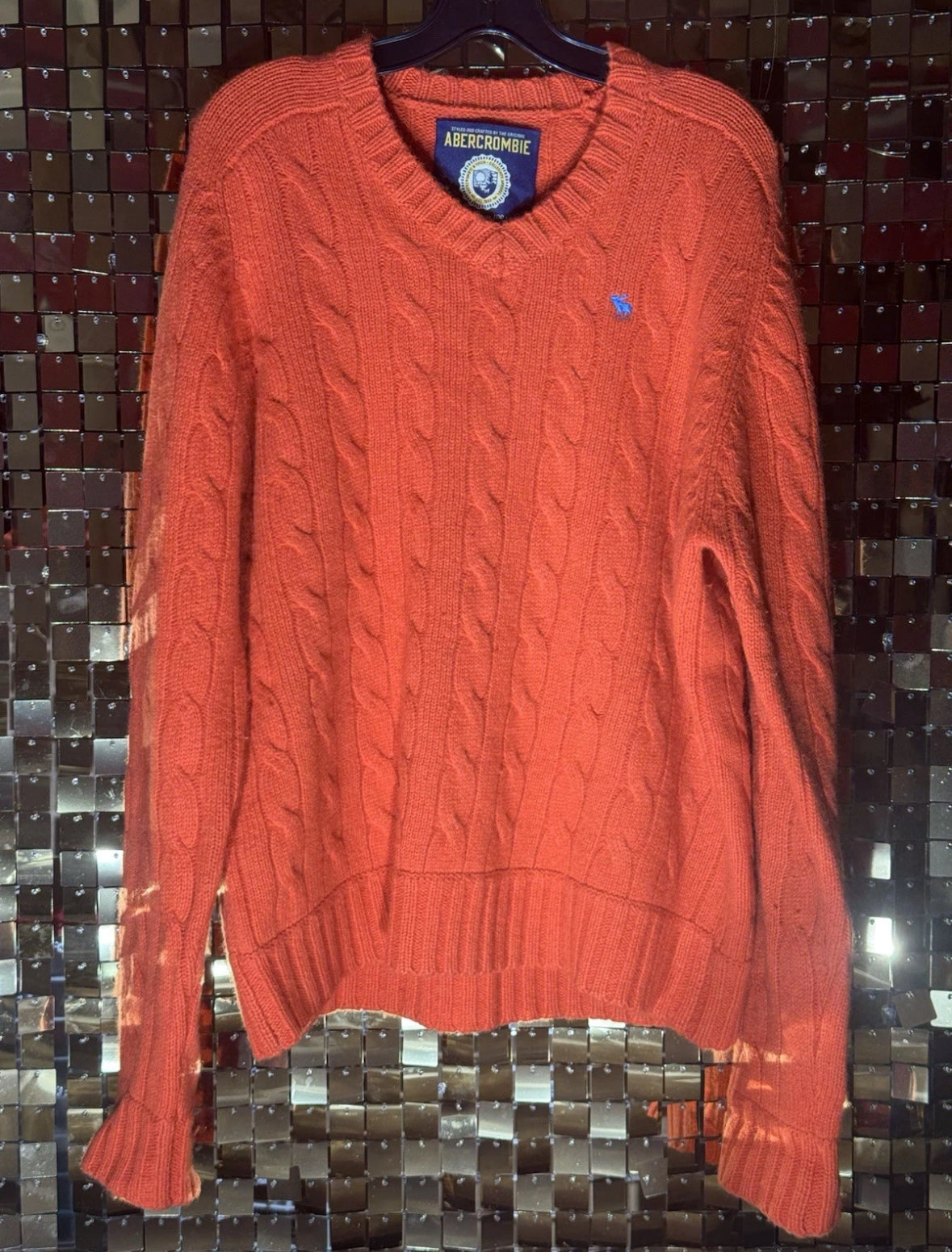 VTG Abercrombie & Fitch Shetland Wool Knit Sweater XL Orange V-Neck Pullover