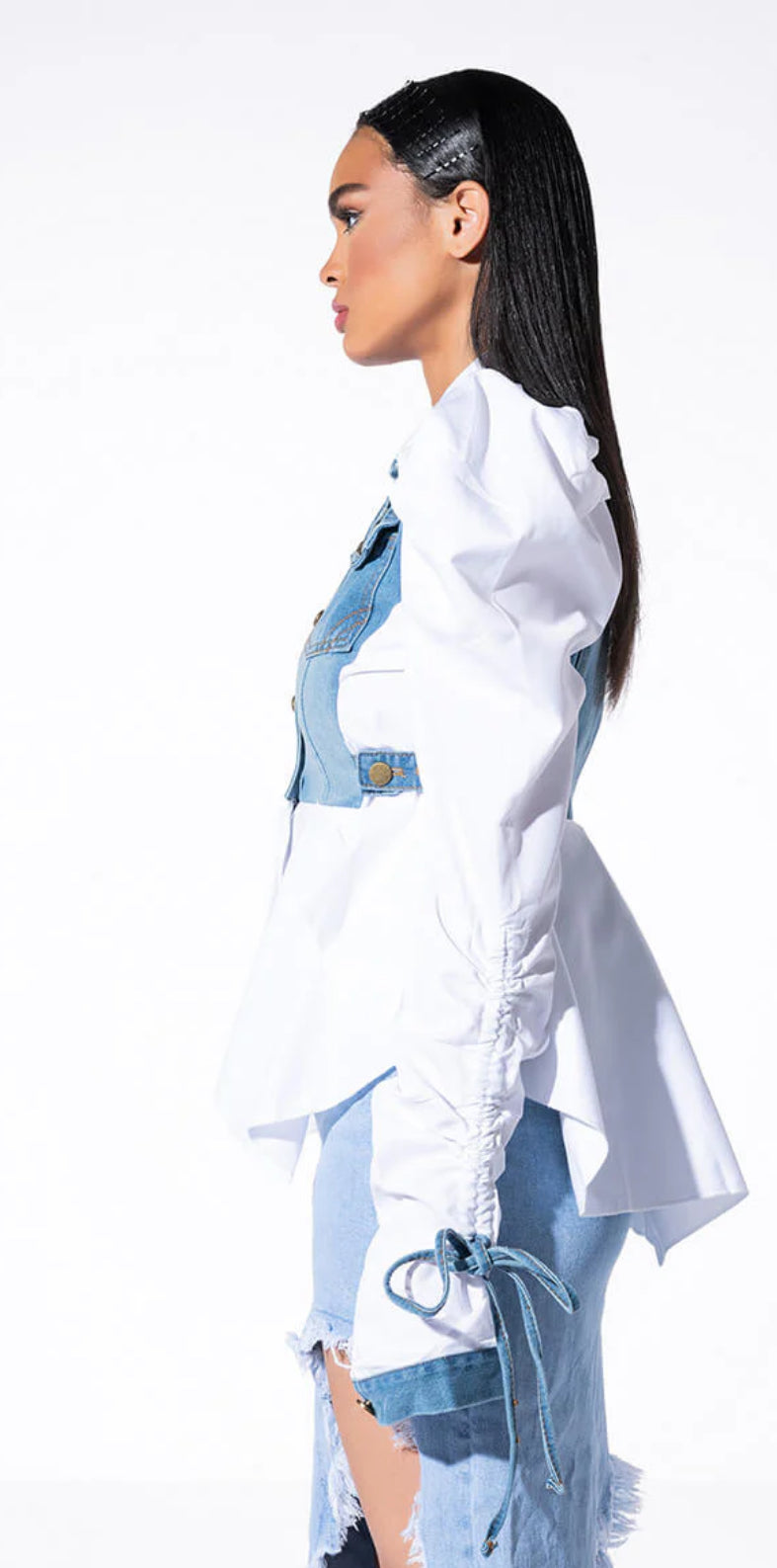 AKIRA HER DENIM TOP WITH SATIN CONTRAST SIZE M BEAUTIFUL BLOUSE TOP