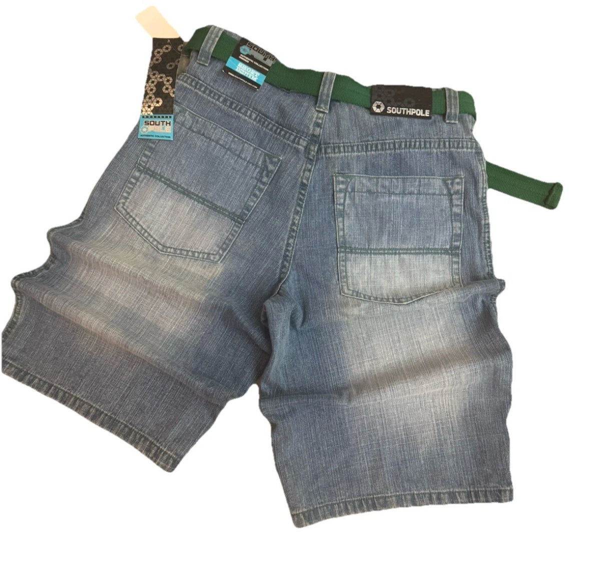 NWT VTG Southpole Men’s Relaxed Denim Shorts Green 36 Green Belt Embroidered