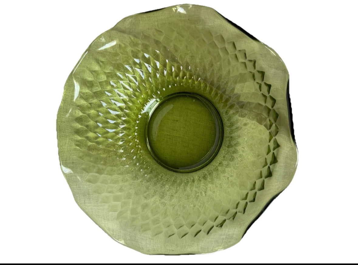 Vintage Indiana Avocado Green Glass Salad Bowl with ruffle edge