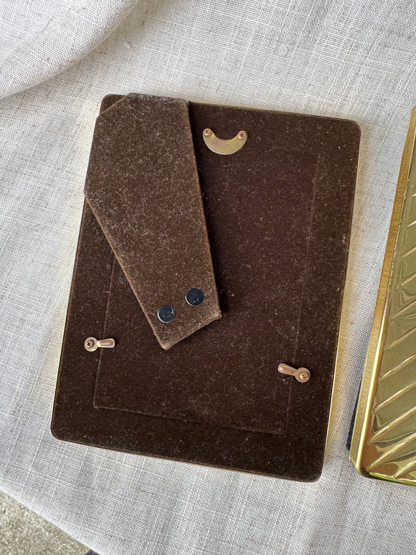 Vintage Picture Frame set Solid Brass Tabletop Freestanding Grooves Velvet Back