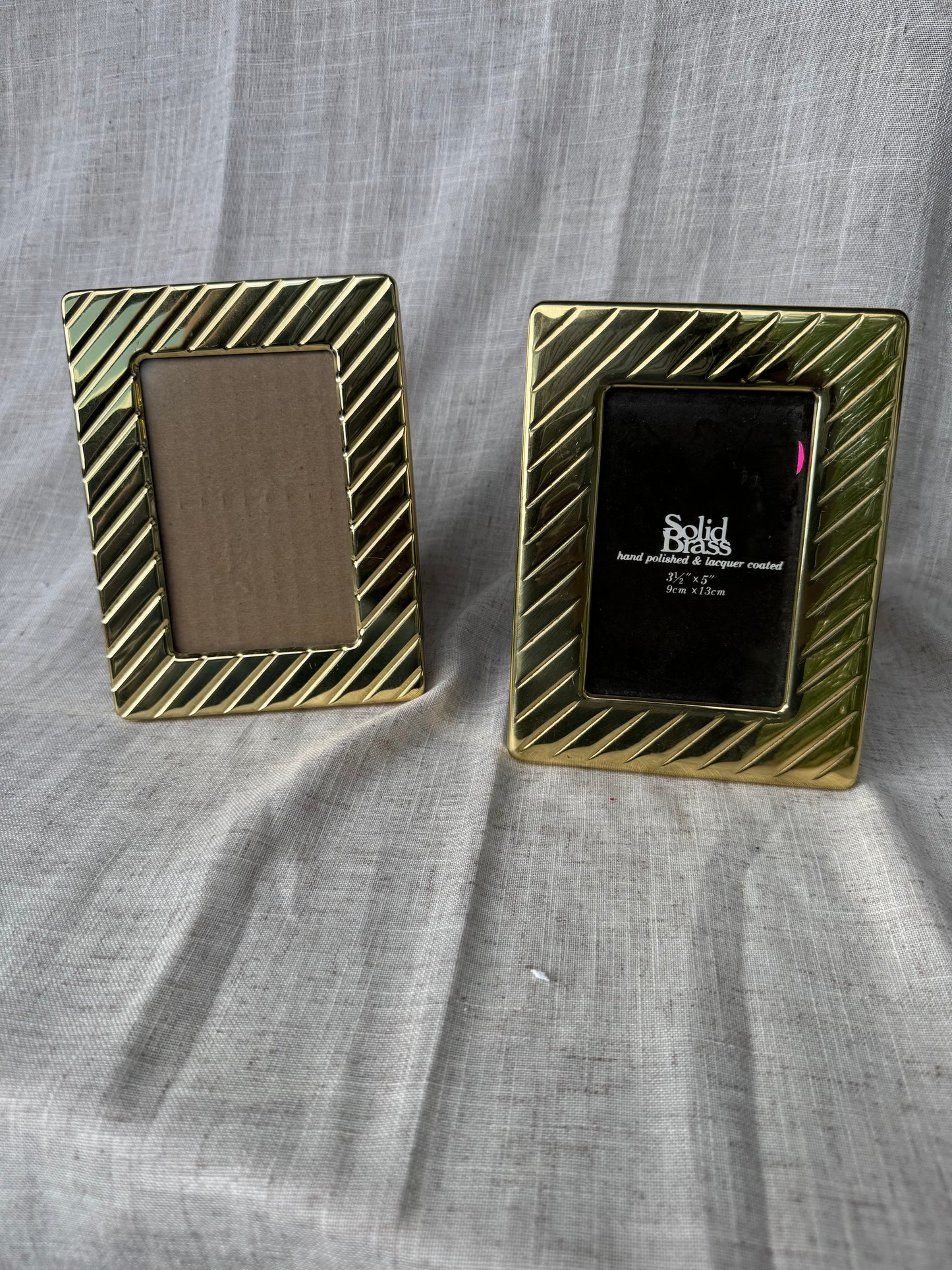 Vintage Picture Frame set Solid Brass Tabletop Freestanding Grooves Velvet Back