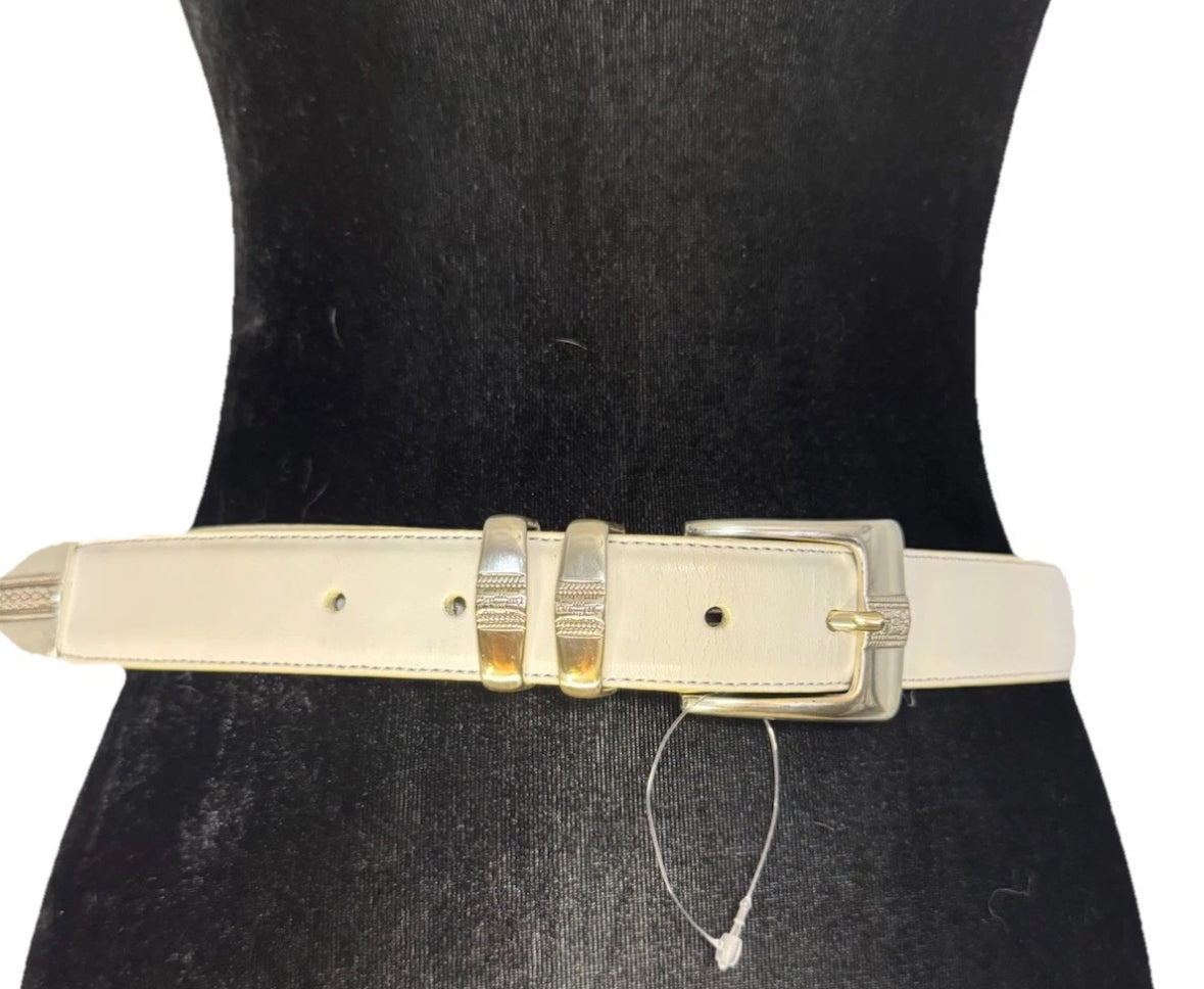 VTG Tasso Elba Classic White Italy Leather Silver Buckle Belt 36” Long unisex