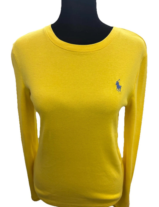 Polo Ralph Lauren Shirt Adult Womens Med Yellow W/Blue Pony Pullover Long Sleeve