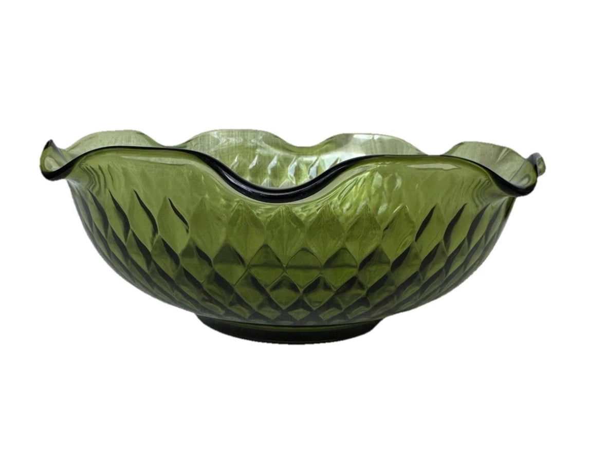 Vintage Indiana Avocado Green Glass Salad Bowl with ruffle edge 