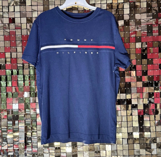 Y2K VTG Tommy Hilfiger Shirt Men's Med Navy Blue Flag Logo Crew Neck Retro