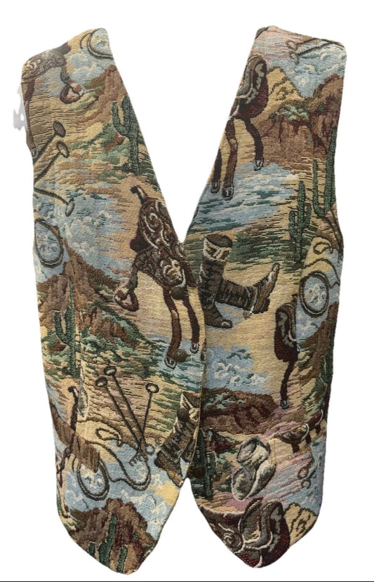 Vintage 90’s Karen Scott  Western boots cactus Scene Tapestry Vest Sz XXL Rare