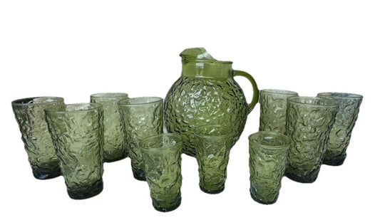 VTG Anchor Hocking Lido Milano Aqua Blue 11 Piece Pitcher~Tumblers~Juice Glasses