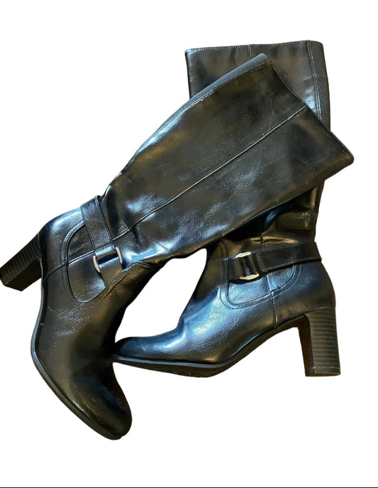Y2K LIFE STRIDE MARTA  Womens Black Leather Zipper Tall Boots Block Heel SZ 8 M