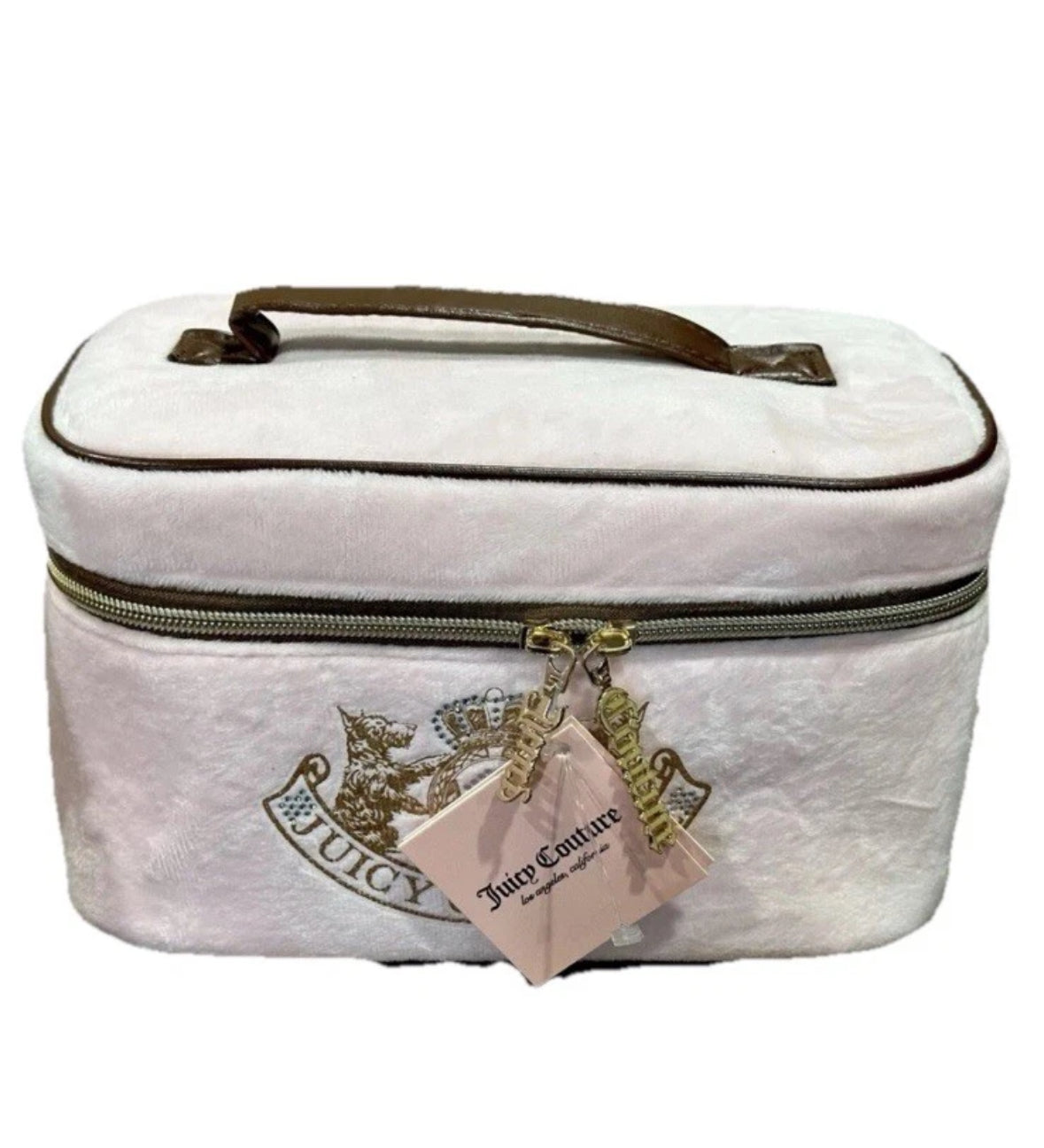 Juicy Couture Baby Pink Velour Velvet Makeup Bag Brown Leather Handle NWT Y2K