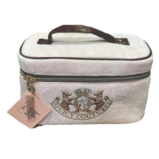 Juicy Couture Baby Pink Velour Velvet Makeup Bag Brown Leather Handle NWT Y2K