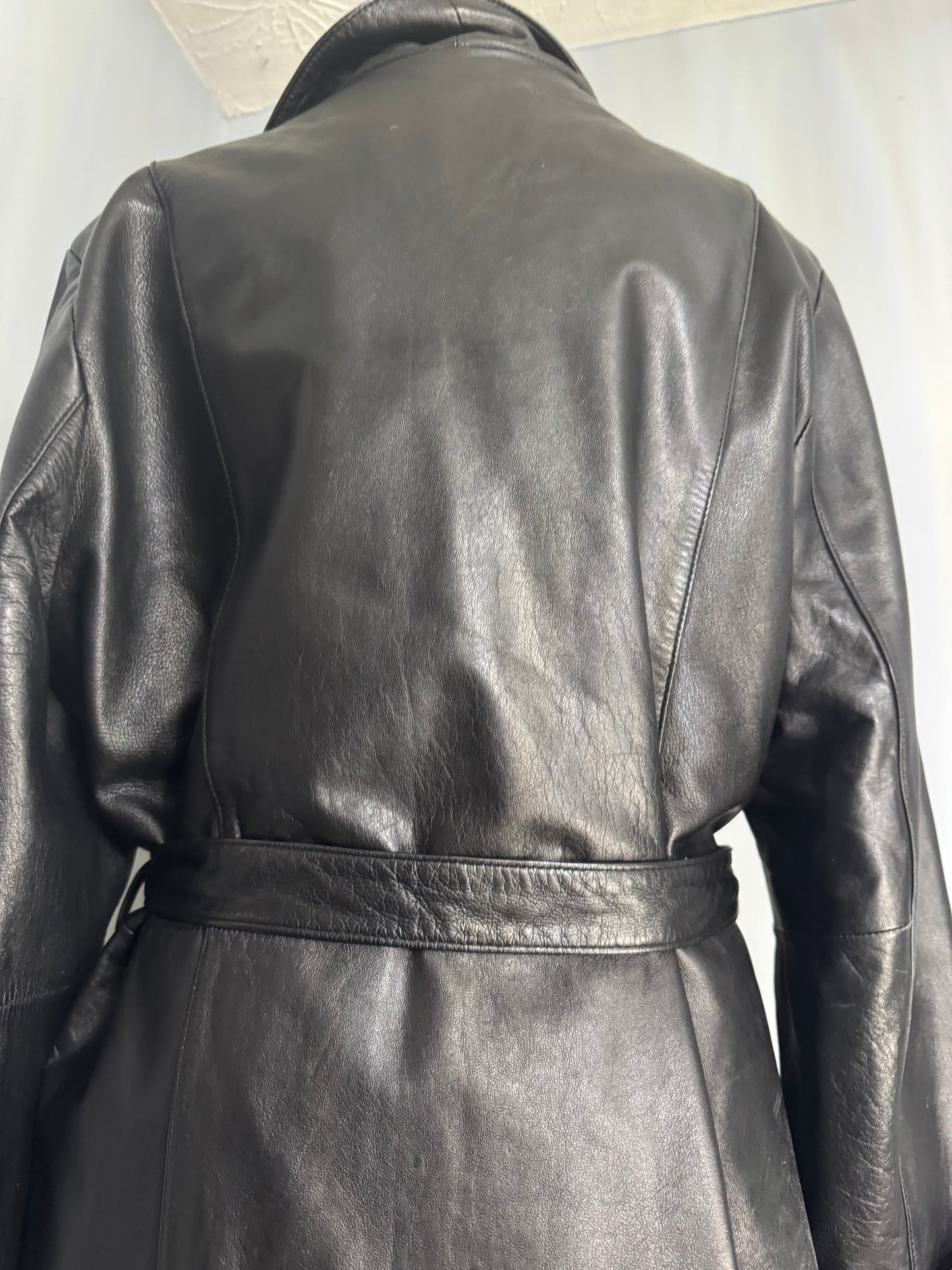 VTG 90s Thermal Wilsons Leather Black Jacket Belt Trench Button Coat Size Large