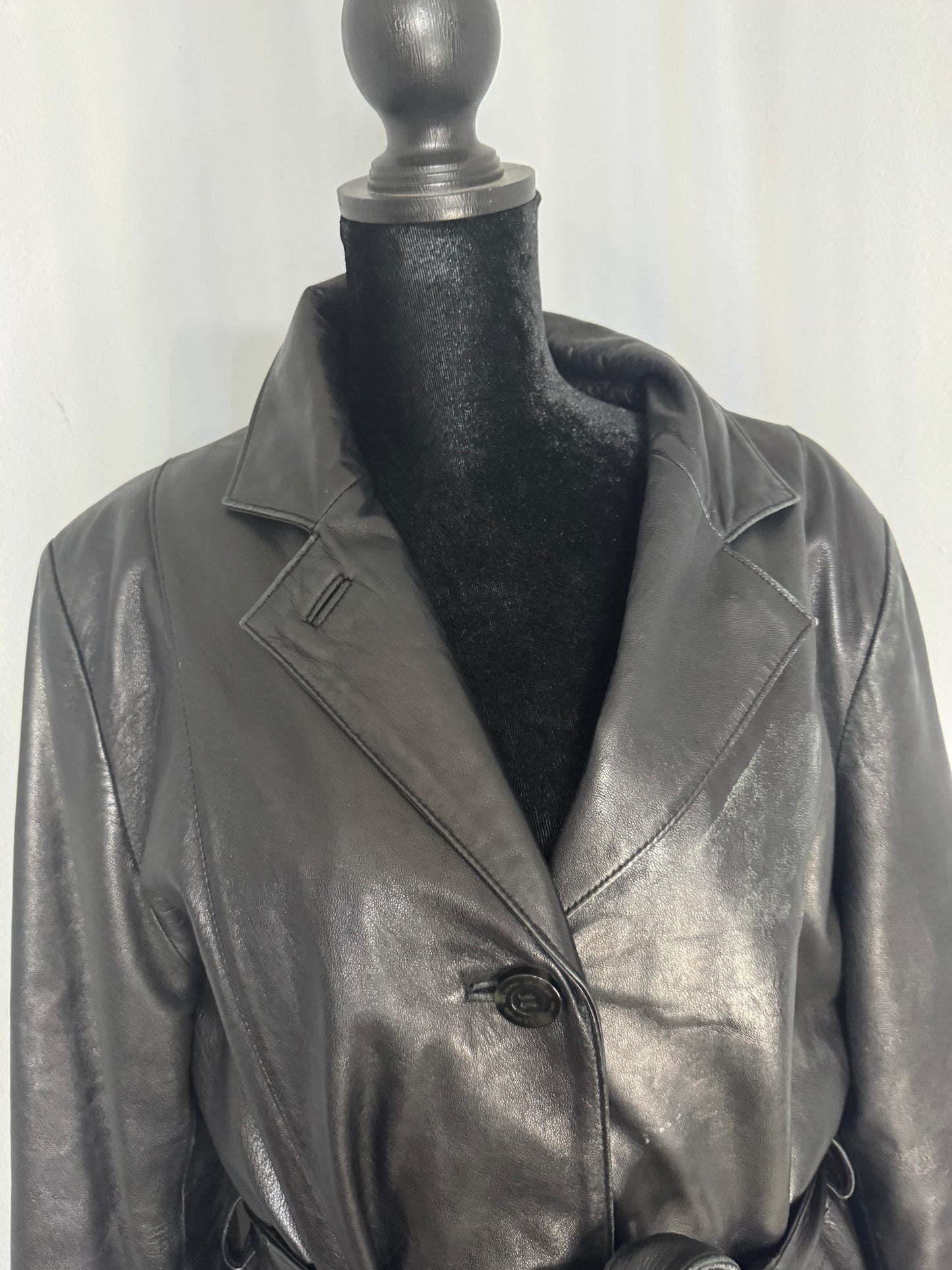 VTG 90s Thermal Wilsons Leather Black Jacket Belt Trench Button Coat Size Large